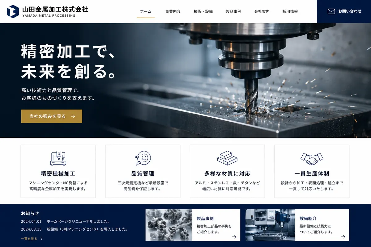 精密加工会社向けのホームページデザインサンプル