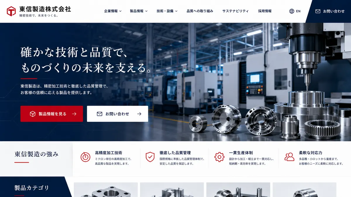 部品製造会社向けのホームページデザインサンプル