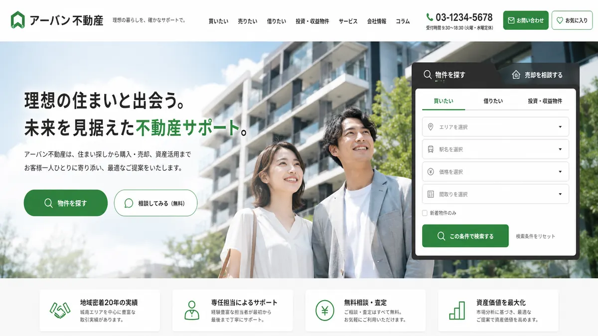 不動産仲介会社向けのホームページデザインサンプル