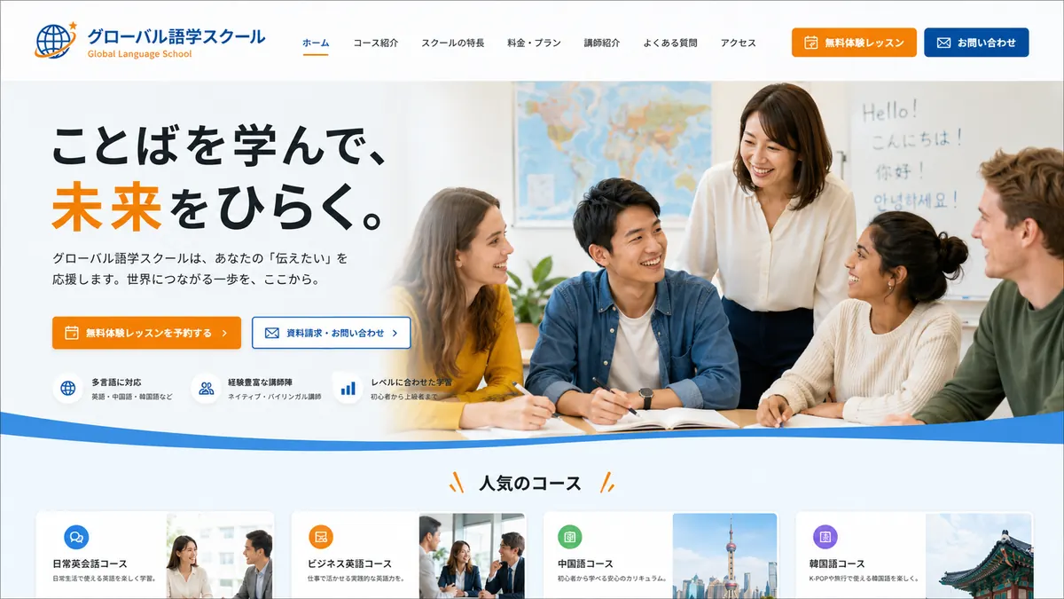 語学スクール向けのホームページデザインサンプル