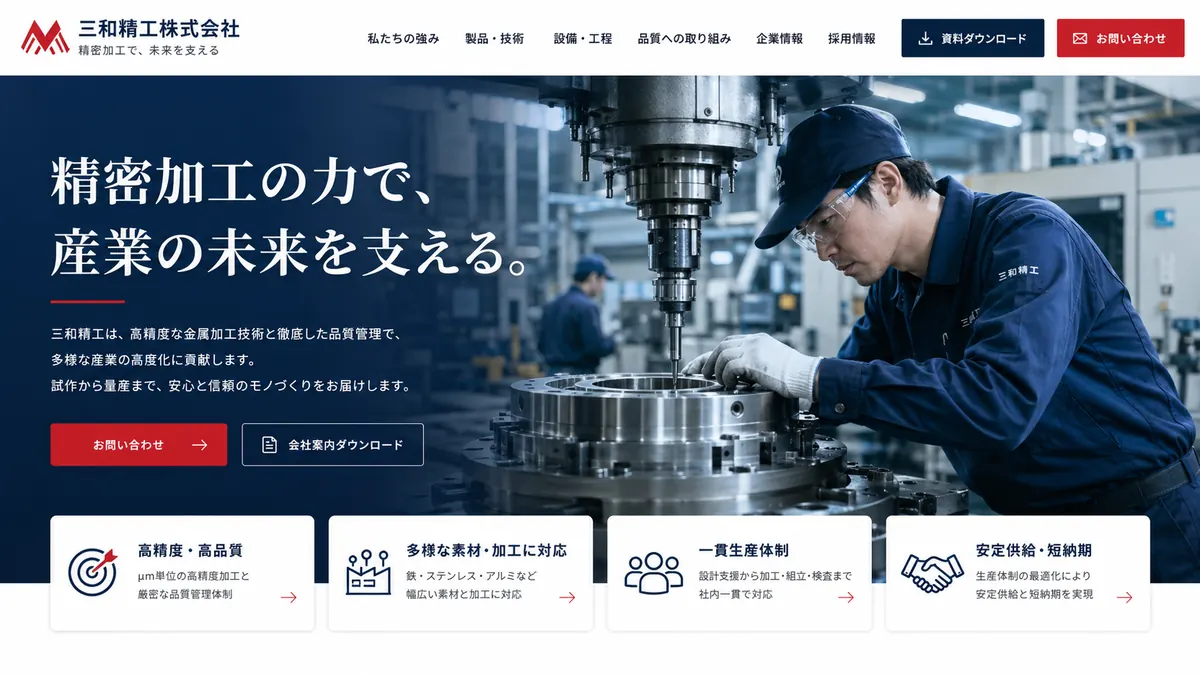 金属加工会社向けのホームページデザインサンプル