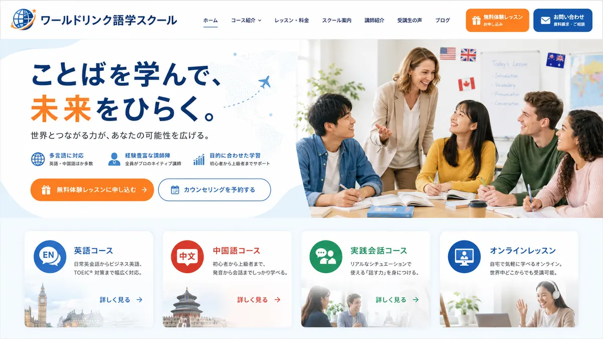国際語学スクール向けのホームページデザインサンプル