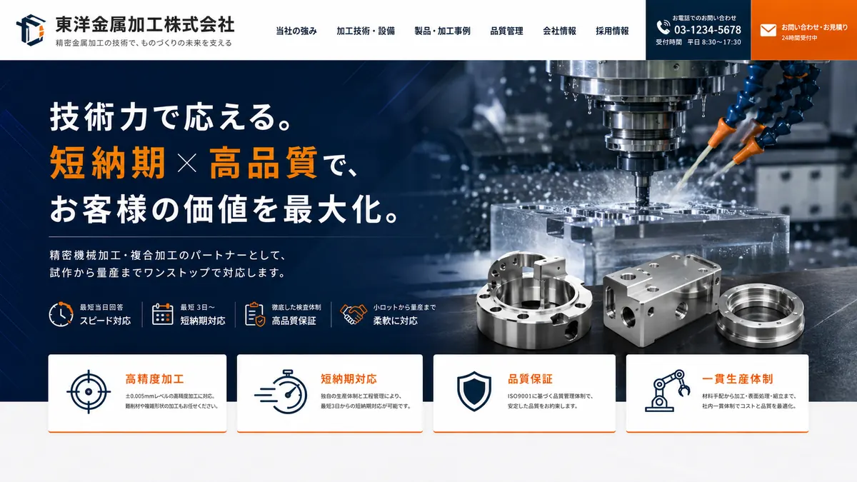 精密金属加工会社向けのホームページデザインサンプル