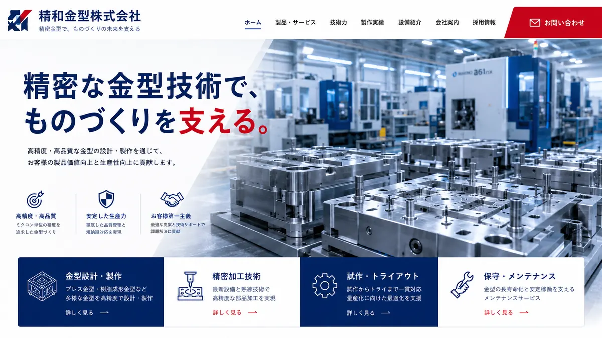 金型・機械加工会社向けのホームページデザインサンプル