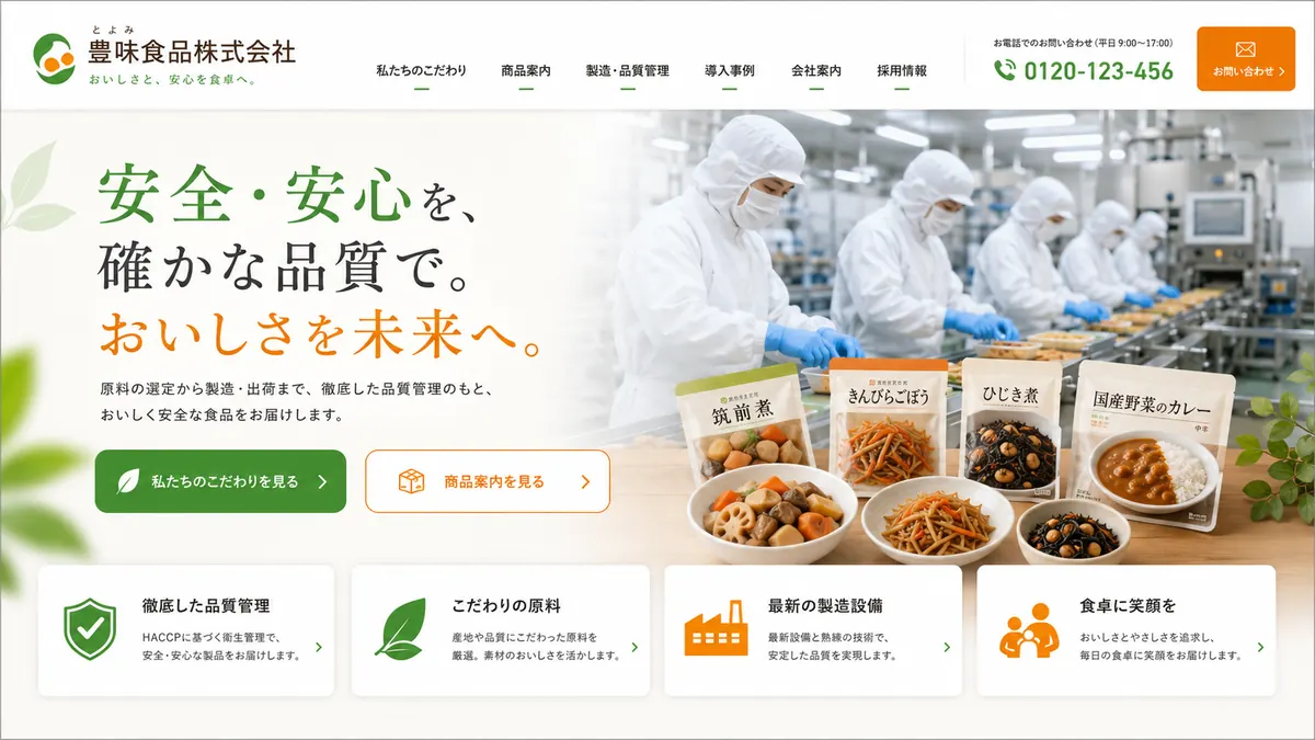 食品製造会社向けのホームページデザインサンプル