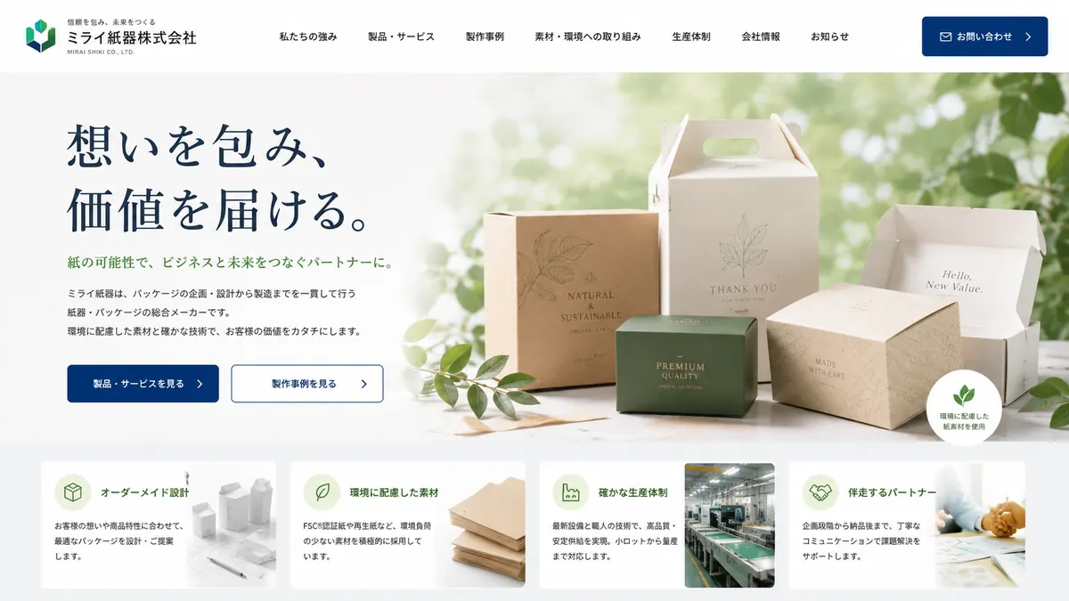 環境配慮型パッケージ会社向けのホームページデザインサンプル