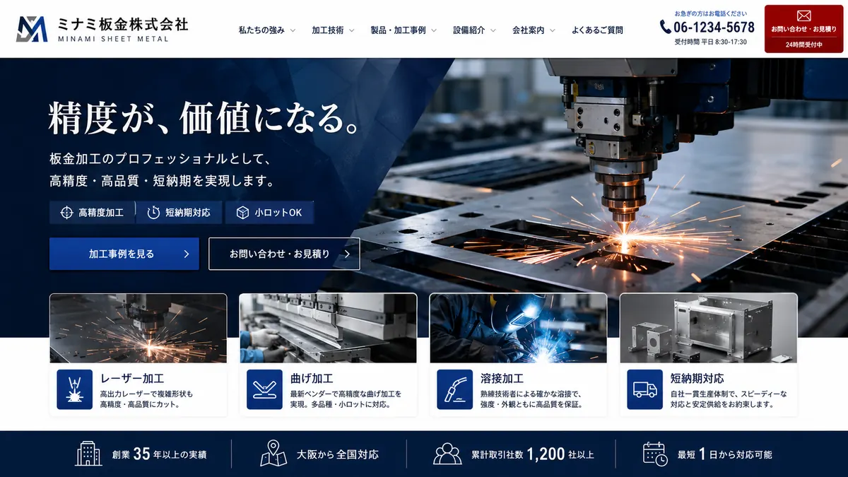 レーザー金属加工会社向けのホームページデザインサンプル