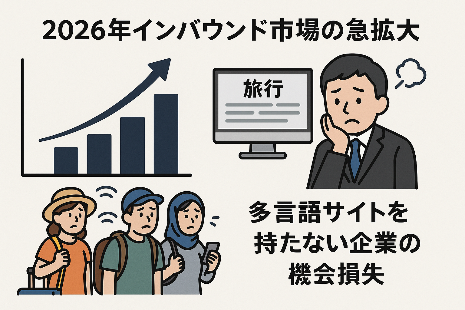 2026年インバウンド市場の急拡大と、多言語サイトを持たない企業の機会損失を示す概念図