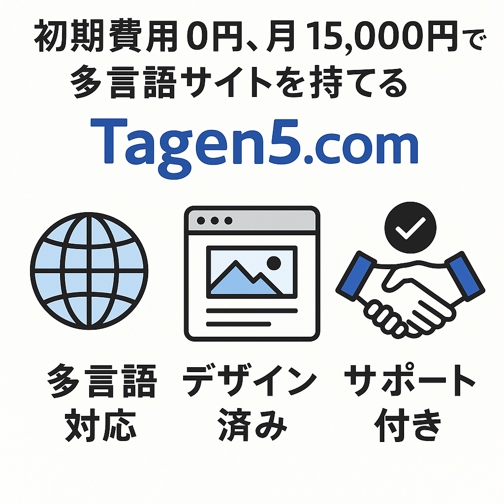 初期費用0円、月額15,000円で多言語サイトが持てるTagen5.comのサービス特徴を図解