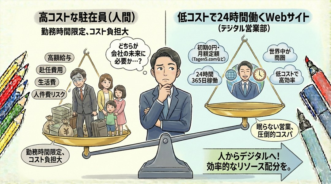 高コストな駐在員（人間）と、低コストで24時間働くWebサイト（デジタル営業部）を天秤にかけている経営者のイラスト