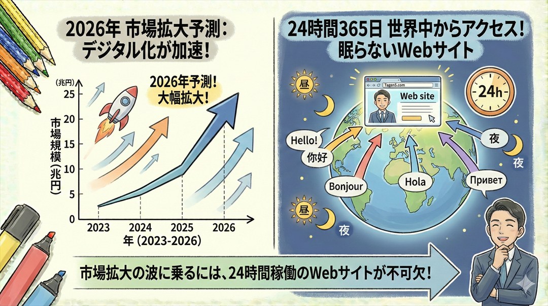 2026年の市場拡大予測グラフと、24時間世界中からアクセスがあるWebサイトのイメージ図
