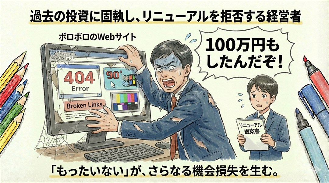 ボロボロのWebサイトにしがみつく経営者。「100万円もしたんだぞ！」と言ってリニューアルを拒否している様子