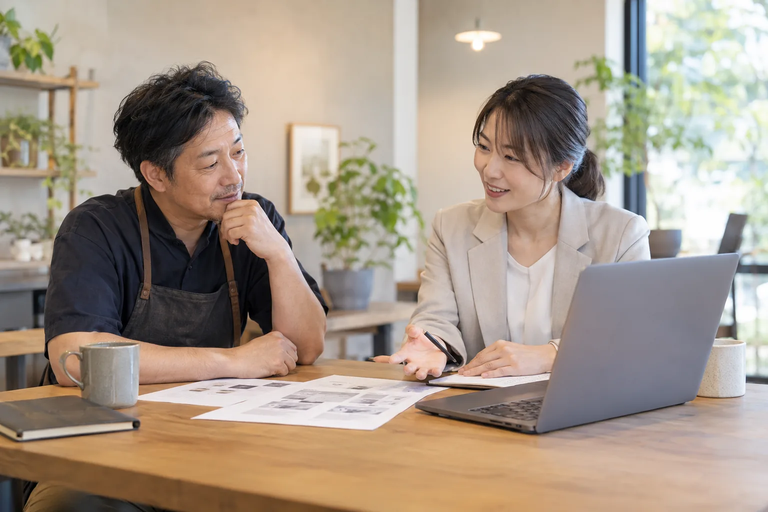 担当者と画面を見ながら多言語サイトについて相談する様子
