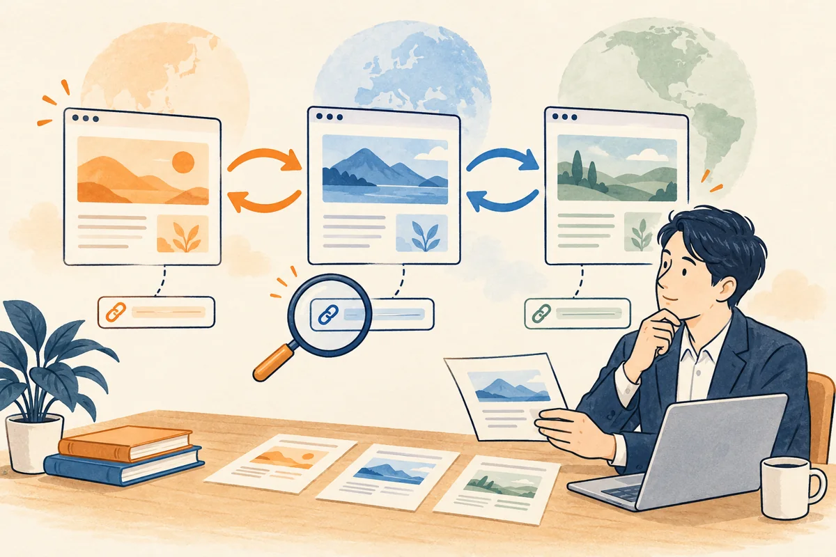 各言語のページの対応関係を照合する架空の担当者のイラスト